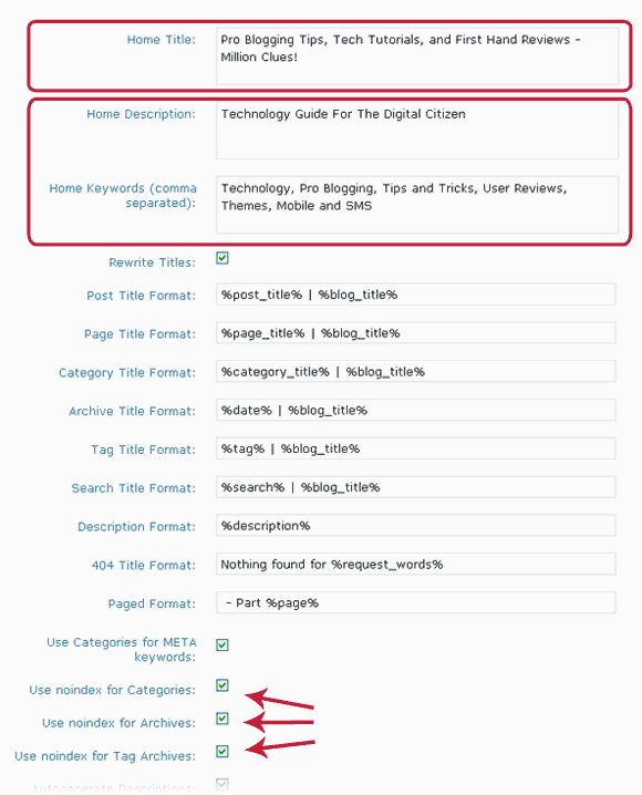 SEO Pack Options Page The Plugin Options Page