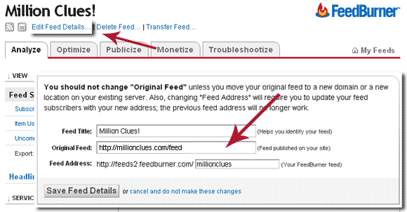 Transfer RSS Feed Update the Source of RSS Feed in Feedburner as shown above